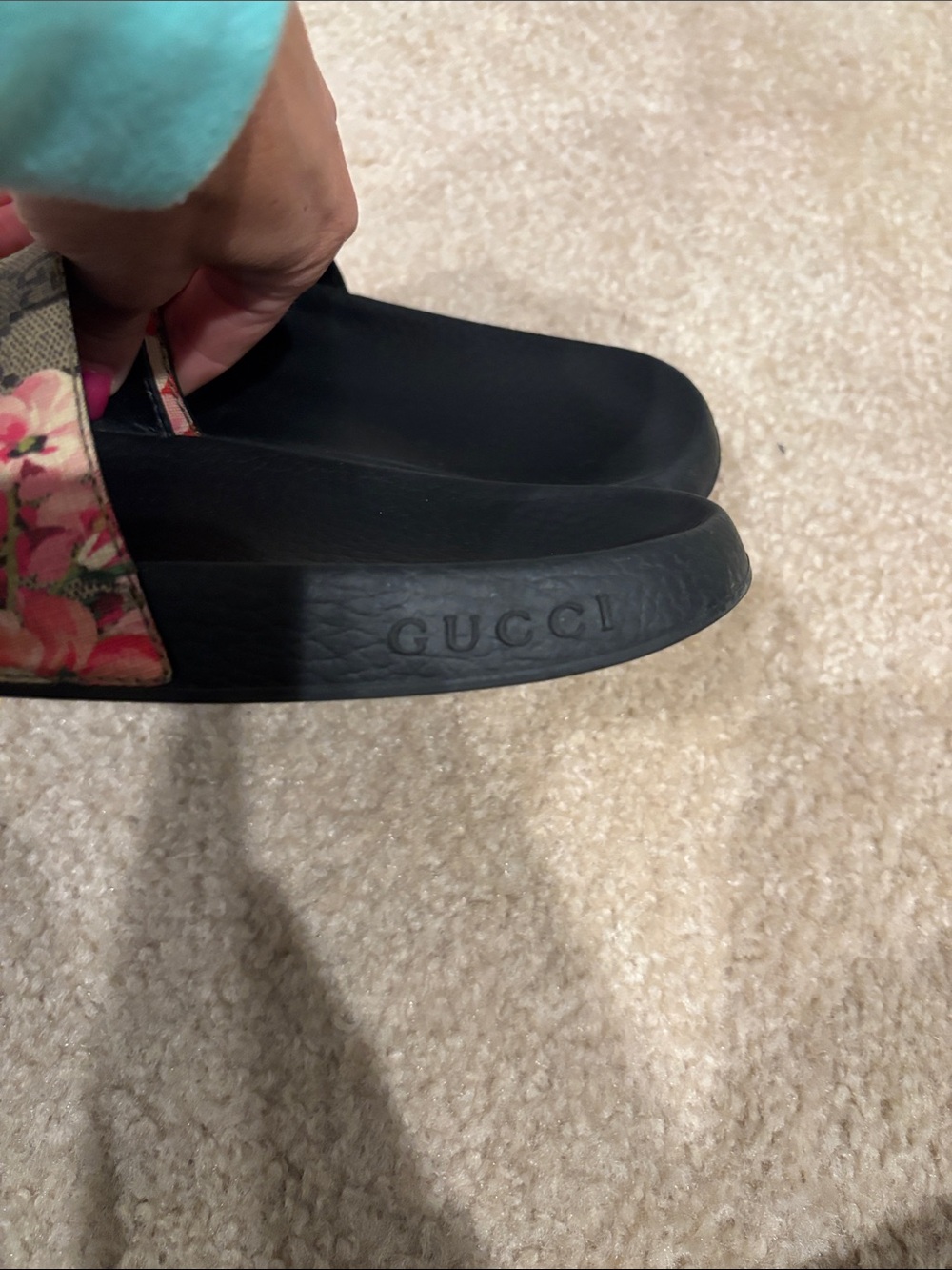 Gucci Black Slides with Pink and Green Floral Monogram Strap - Picture 3 of 8